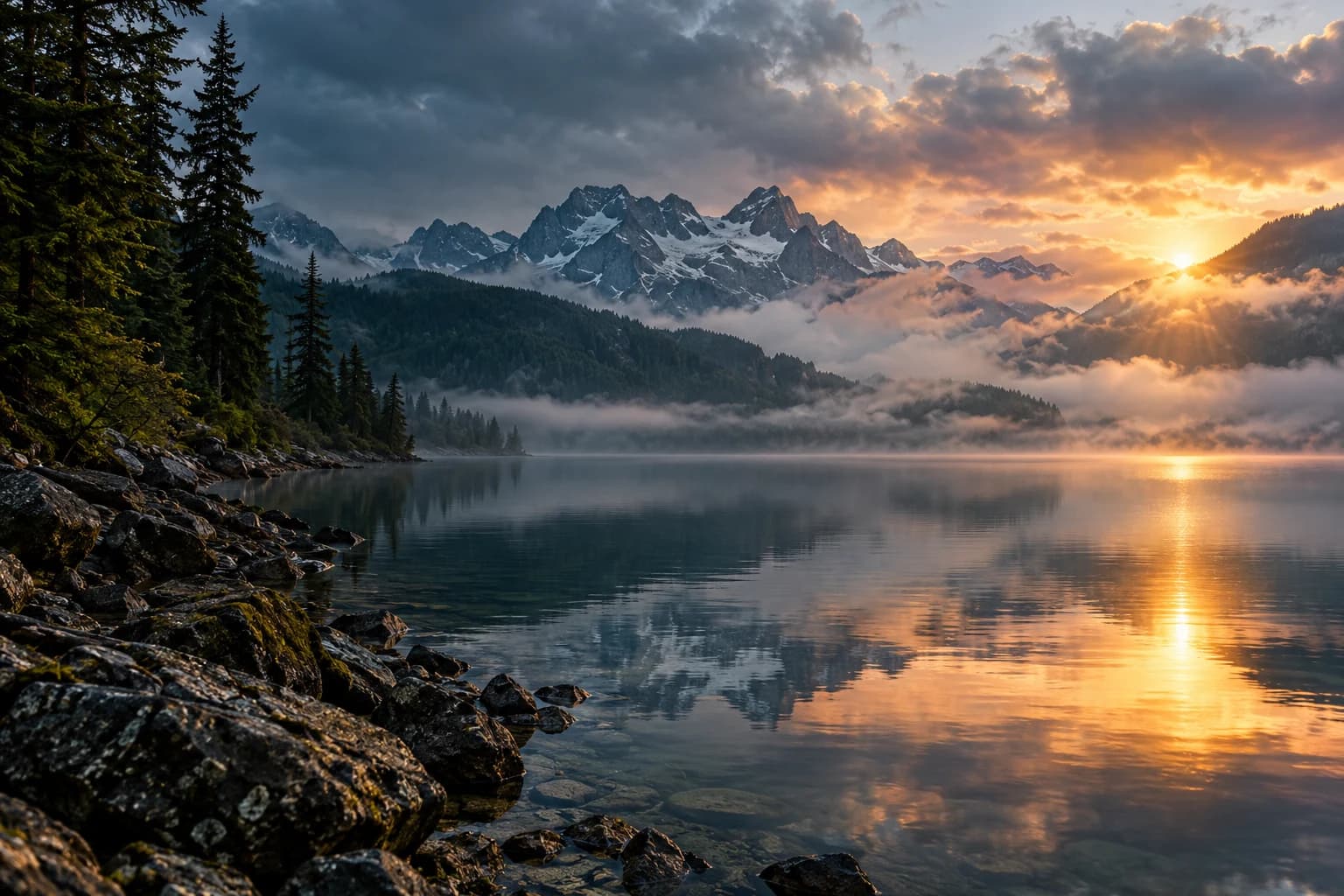 Sunlight over a still alpine lake and evergreen mountains, an original illustrative landscape.