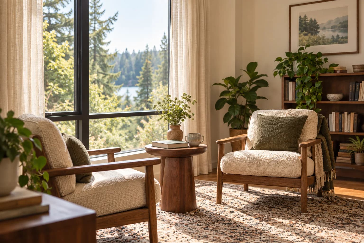 Two ivory armchairs by a window in an AI-created, imagined practice space.