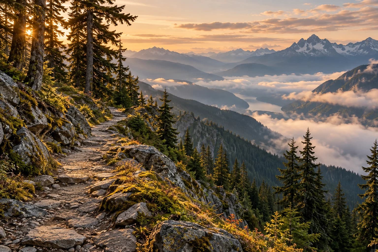 A stone path winding between evergreens above a mountain valley, an original illustrative image.