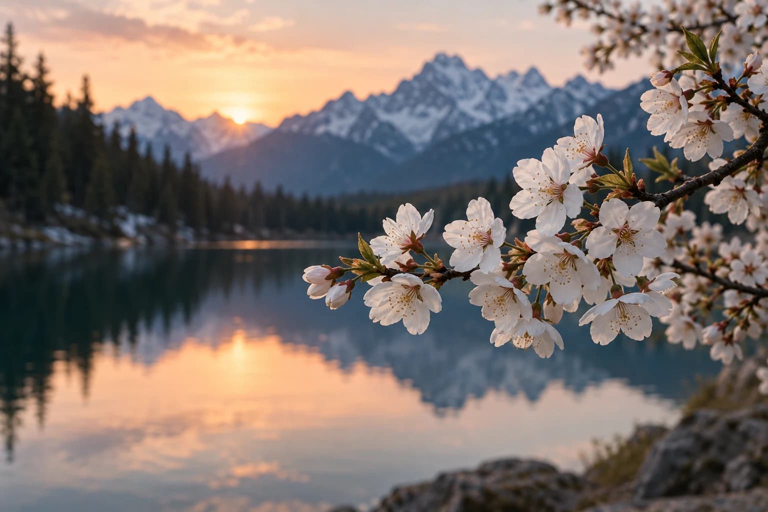 White blossoms beside a still mountain lake in an original illustrative photograph.