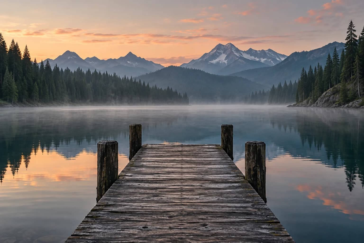 An empty wooden jetty on a misty alpine lake, created as illustrative editorial imagery.