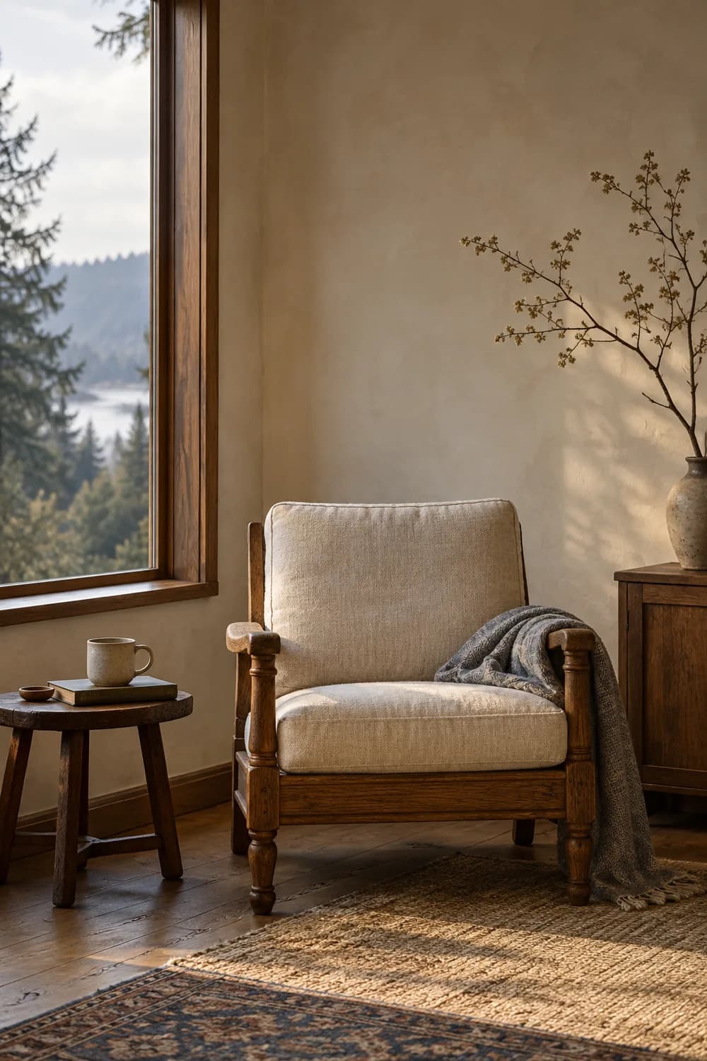 An ivory linen chair beside a sunlit window in an imagined therapy room.